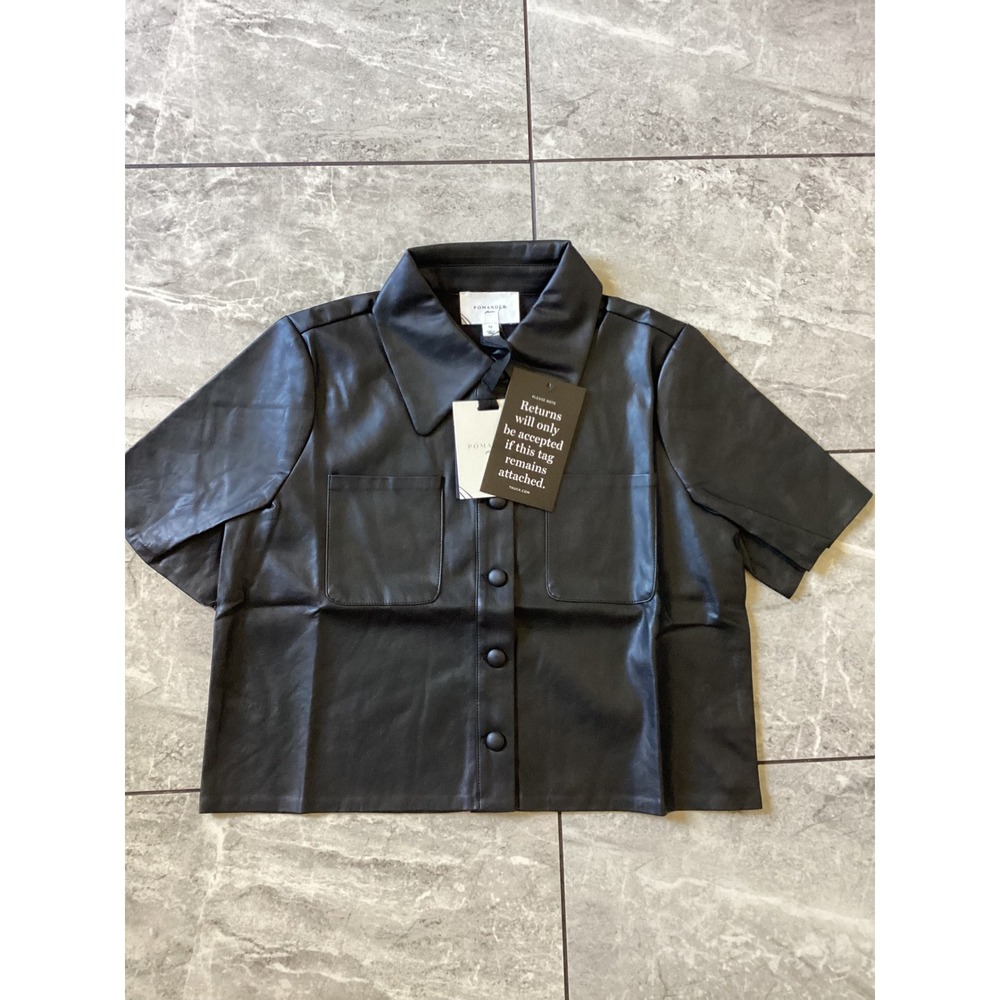 Pomander Place Black Faux Leather Short Sleeve Button Front Top B1463 Size M